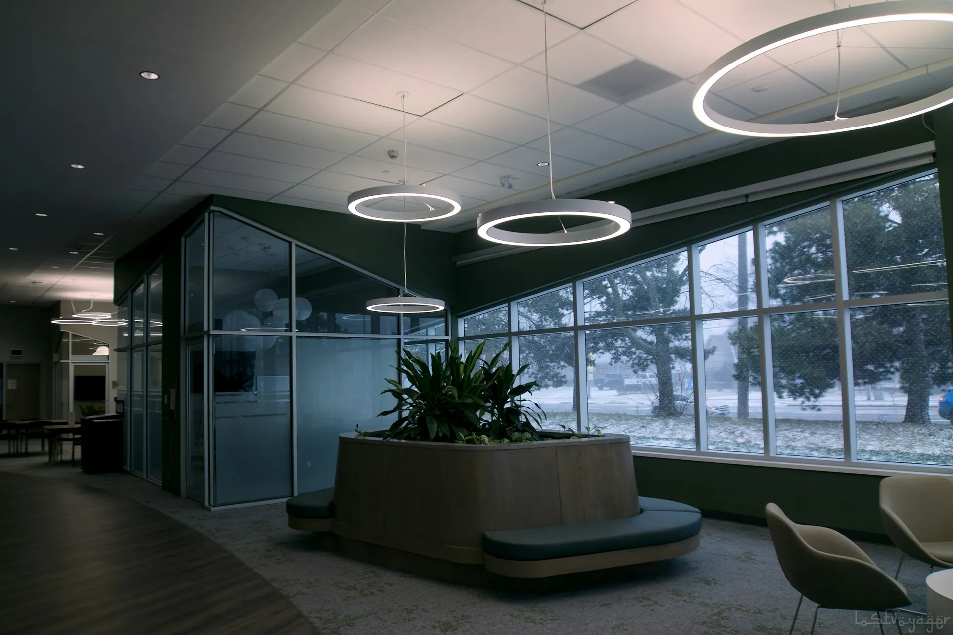 Modern office lobby with large windows, planters and contemporary seating
